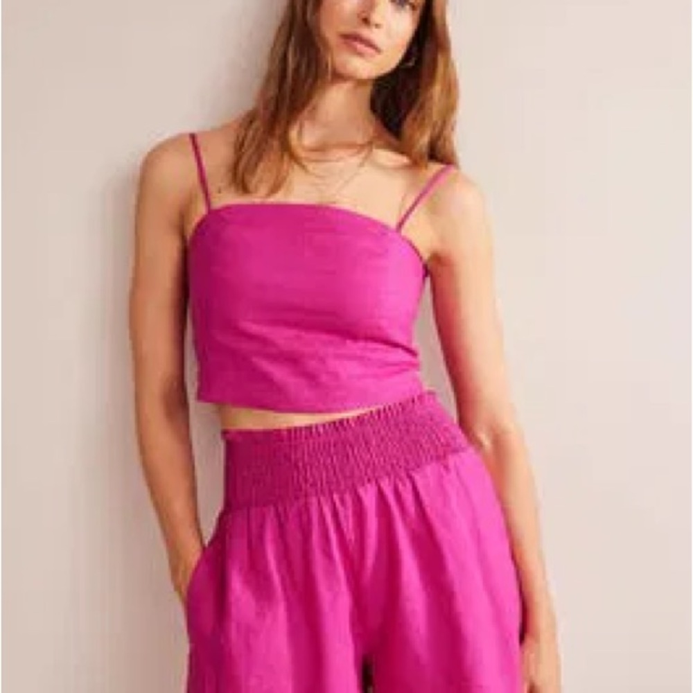 Boden Fuchsia Bright Pink Linen Smocked Top Size 12 New NWT